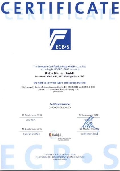 Certificate ECB-S - KABA MAUER 71111