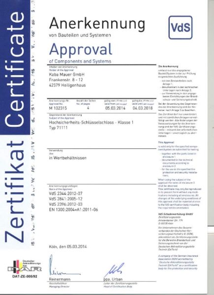 Certificate VDS - KABA MAUER 71111