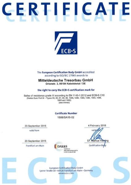 Сертификат соответствия взломостойкости ECB-S серии VALBERG Fort M