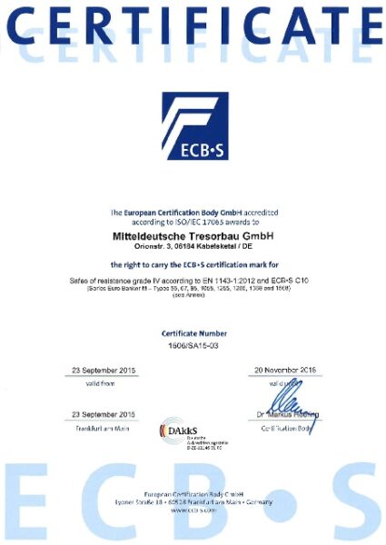 Сертификат соответствия огнестойкости ECB-S серии VALBERG Banker M